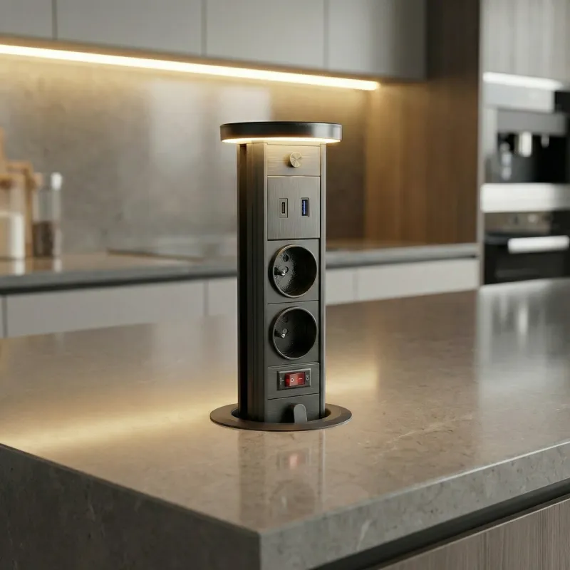 Výsuvná zásuvka LEGIA FRENCH 2x230V + USB A-C + svetlo  / Čierna matná