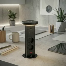 Výsuvná zásuvka LEGIA SCHUKO 2x230V + USB A-C + svetlo  / Čierna matná