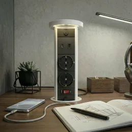 Výsuvná zásuvka LEGIA SCHUKO 2x230V + USB A-C + svetlo  / Biela matná