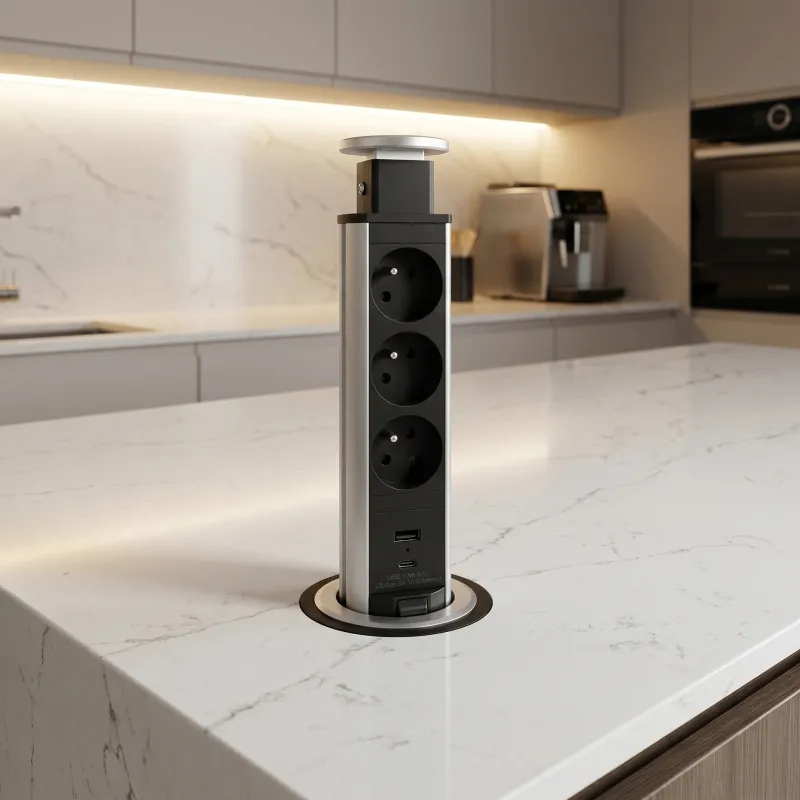 Výsuvná elektrická zásuvka ASTRA FRENCH 3x230V + 2x USB nabíjanie / Hliník