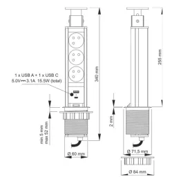 Výsuvná elektrická zásuvka ASTRA FRENCH 3x230V + 2x USB nabíjanie / Biela