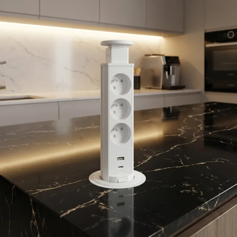 Výsuvná elektrická zásuvka ASTRA FRENCH 3x230V + 2x USB nabíjanie / Biela