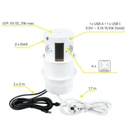 Výsuvná elektrická zásuvka MULTIBOX 4x 230V + 2x USB + 2x RJ45 / Biela