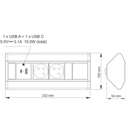 Interiérová zásuvková lišta CORNER FRENCH 2x 230V +2x USB / Čierna - nerez
