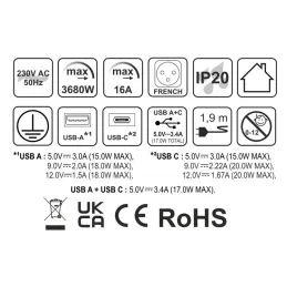 Elektrická zásuvka SLIDE 1x230V + 2xUSB FRENCH / Nerez