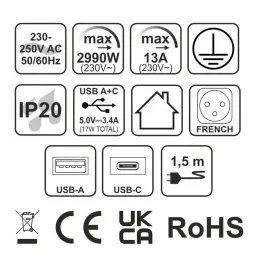 Elektrická zásuvková lišta EUROBOX 2x230V + 1xUSB C+A FRENCH / Čierna matná