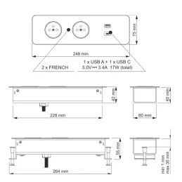 Elektrická zásuvková lišta EUROBOX 2x230V + 1xUSB C+A FRENCH / Čierna matná