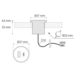Interiérová 2 x USB A-C nabíjačka do stola 25mm PLUGY / Čierna matná