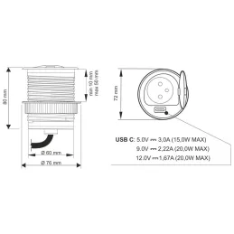 Interiérová zásuvka ALPHA BOX SCHUKO 1x230V + USB C / Čierna matná