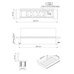 Interiérová zásuvková lišta SLIM BOX SCHUKO 3x 230V + USB / Čierna matná