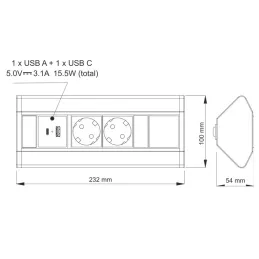 Interiérová zásuvková lišta CORNER SCHUKO 2x 230V + USB A-C / Čierna matná