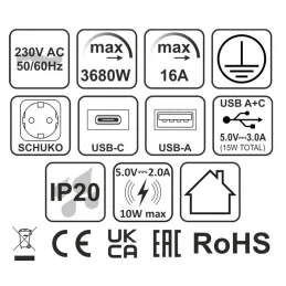 Automatická výsuvná elektrická zásuvka ASTRA SCHUKO 3x230V + 2xUSB A-C / Čierna