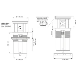 Automatická výsuvná zásuvka AMBIENTE SCHUKO 3x230V + USB A-C so svetlom a nabíjaním / Čierne sklo