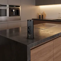 Výsuvná zásuvka AVION SCHUKO 2x230V + USB A-C a indukčným nabíjaním / Čierna matná