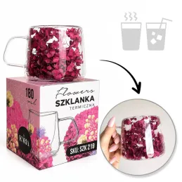 Termo šálka na nápoje s kvetinami FLOWER GLASS 180 ml / Červená