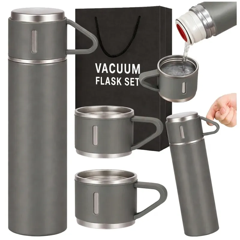 Dizajnová termoska s 3 pohármi 400 ml / Šedá