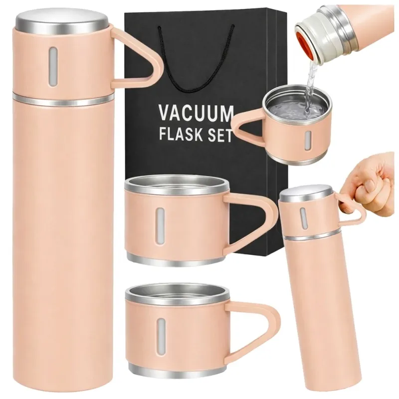 Dizajnová termoska s 3 pohármi 400 ml / Ružová